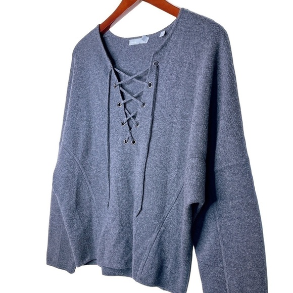 VINCE Merino Wool and Cashmere Lace Front Sweater Size XS in Charcoal Gray - Picture 2 of 11